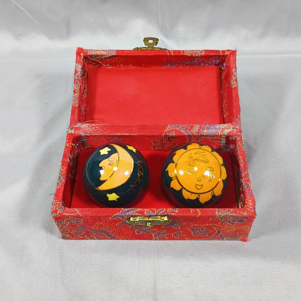 Vintage Shouxing Baoding Balls Sun Moon Celestial Teal Chime Meditation Set Box